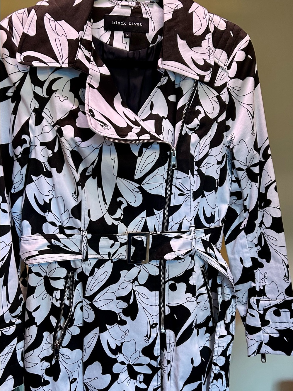 Black Rivet Black & White Floral Print Trench Coat with Belt